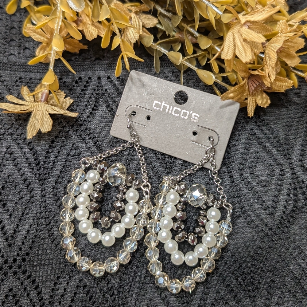 Chico's Multi Strand Faceted Glass Beads and Faux Pearl Statement  Earrings NWT